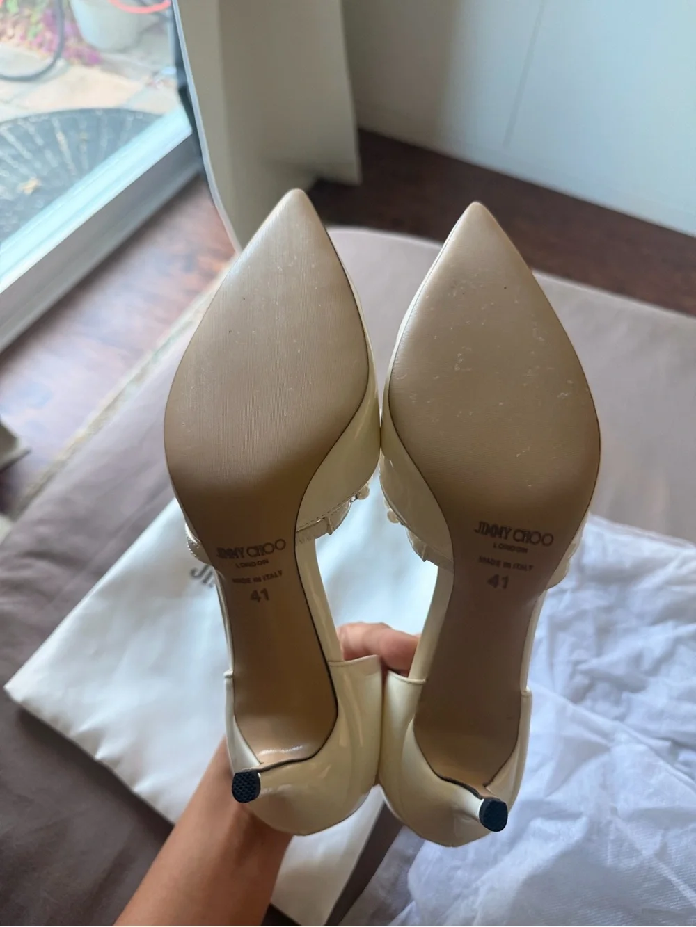 Aurelie 65 Latte Patent Leather Pointed Pumps with Pearl Embellishment